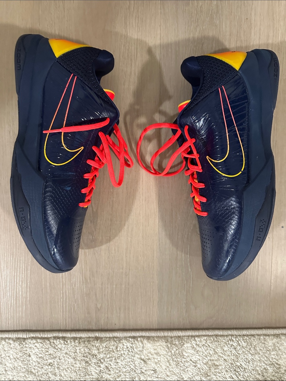 Nike Kobe 5 (Caitlin Clark) Navy Sneakers with Bright Red Laces and Yellow Trim
